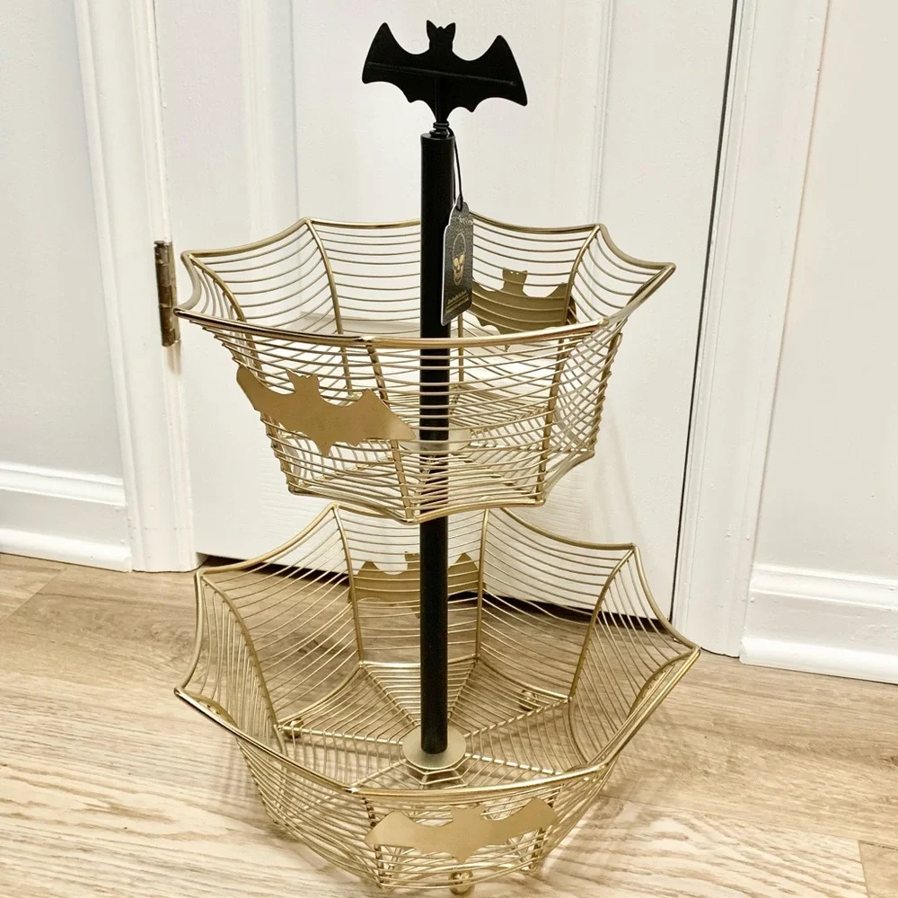 Bat Metal Plaque Fruit Basket - Gold & Black - Large - 20-1/2” Tall - NEW